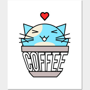 Happy cat in coffee cup with warped text heart on head blue Posters and Art